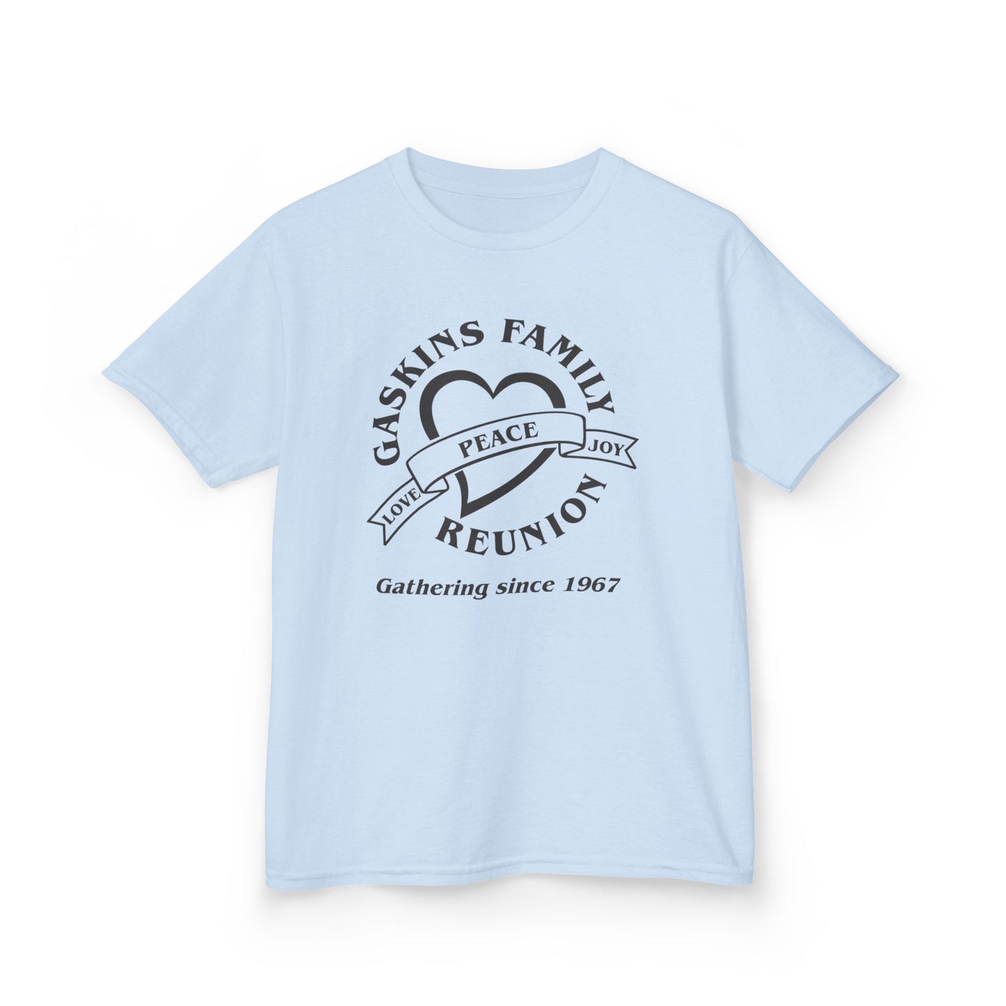 Gaskins Family Reunion Kids Tee - Love, Peace, Joy Design -Black logo