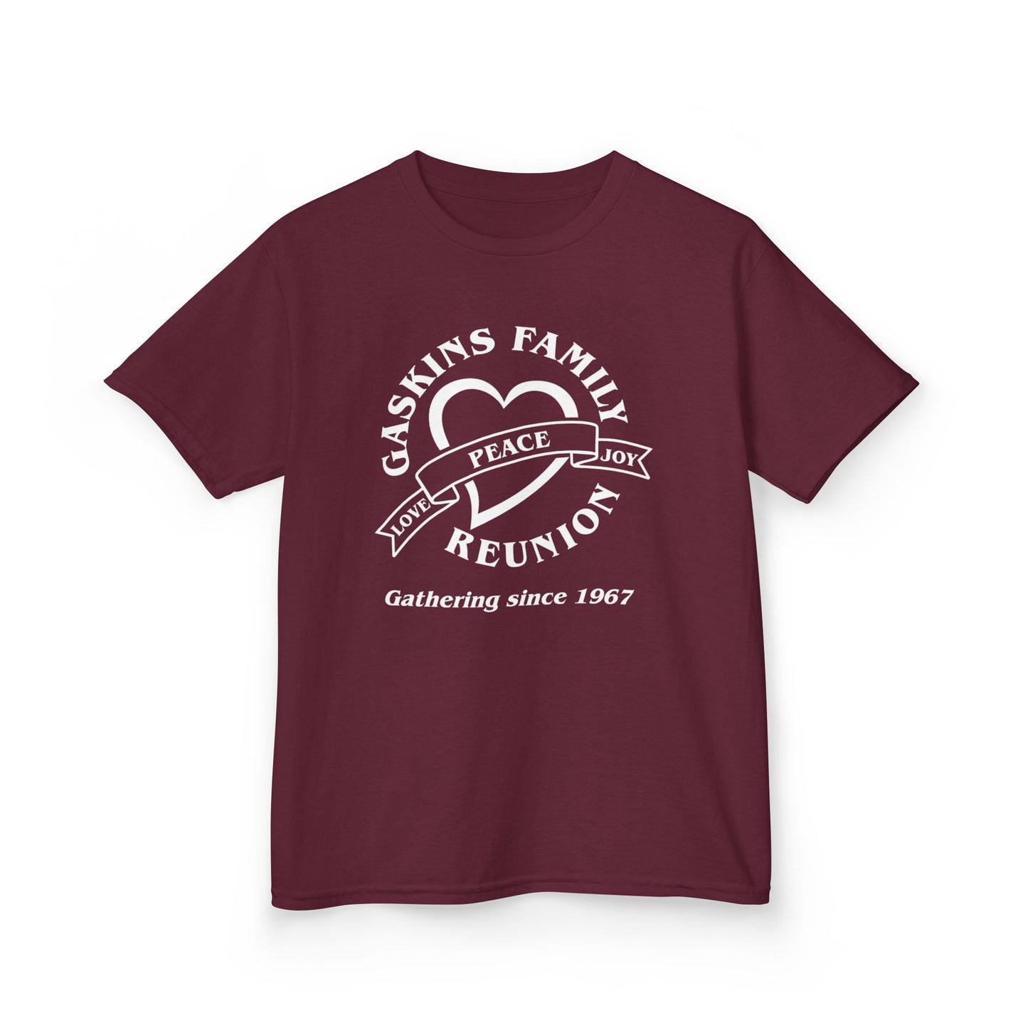Gaskins Family Reunion Kids Tee - Love, Peace, Joy Design - White logo