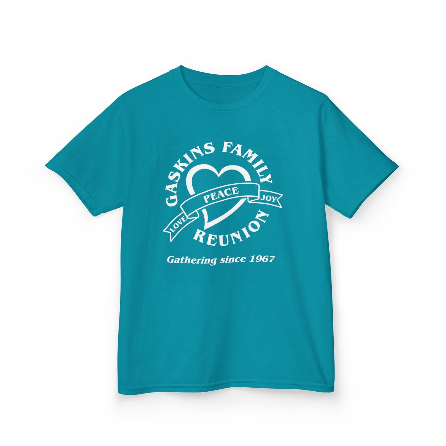 Gaskins Family Reunion Kids Tee - Love, Peace, Joy Design - White logo