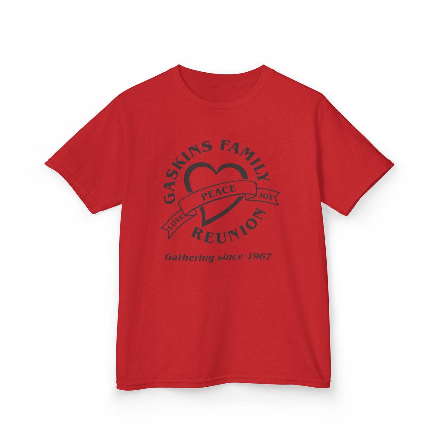 Gaskins Family Reunion Kids Tee - Love, Peace, Joy Design -Black logo