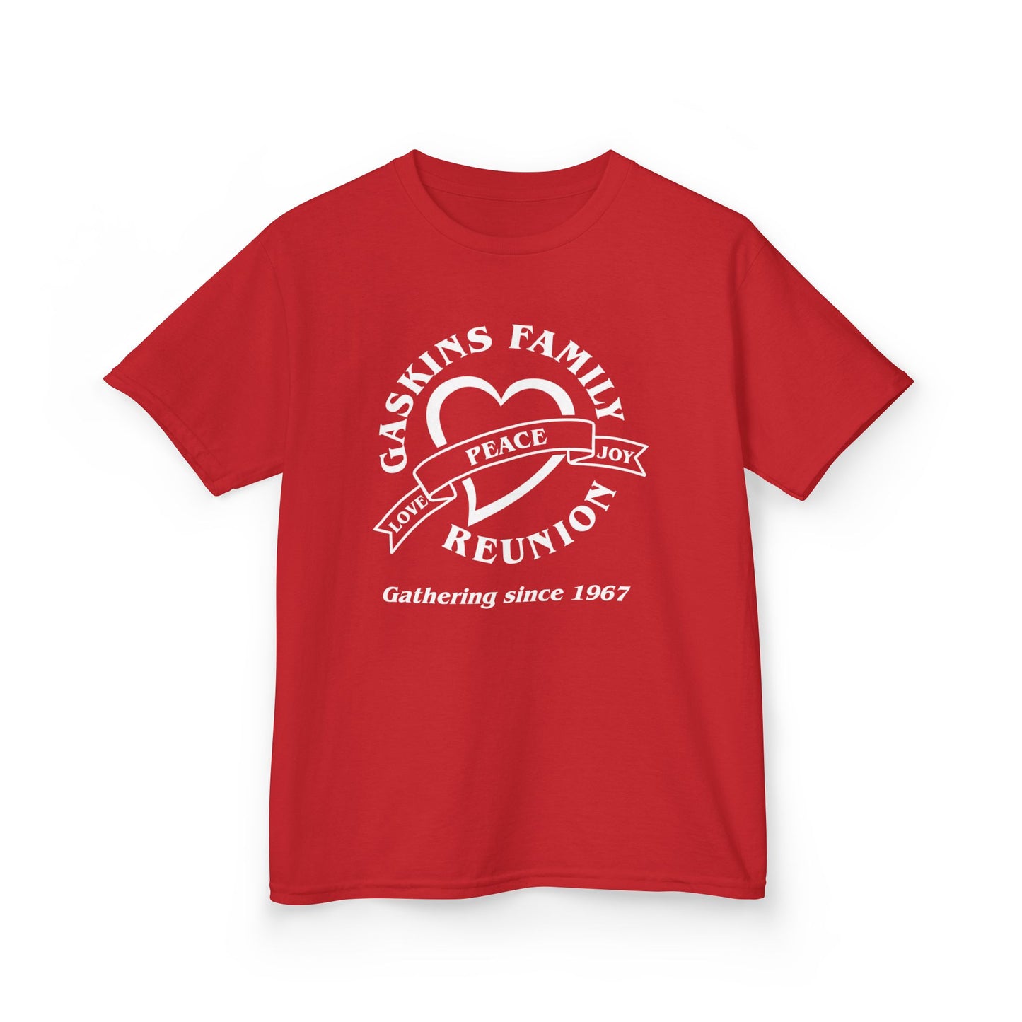 Gaskins Family Reunion Kids Tee - Love, Peace, Joy Design - White logo