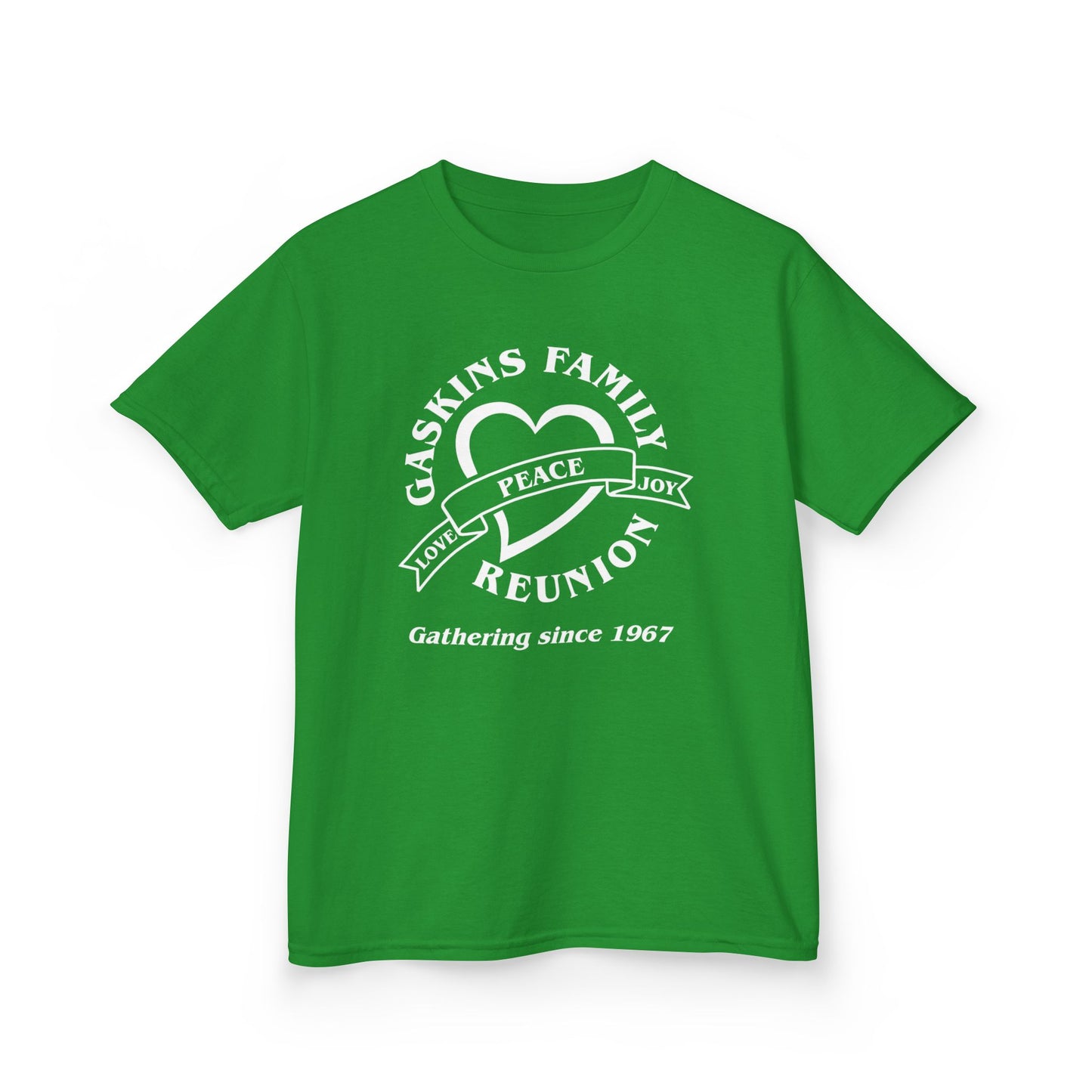 Gaskins Family Reunion Kids Tee - Love, Peace, Joy Design - White logo