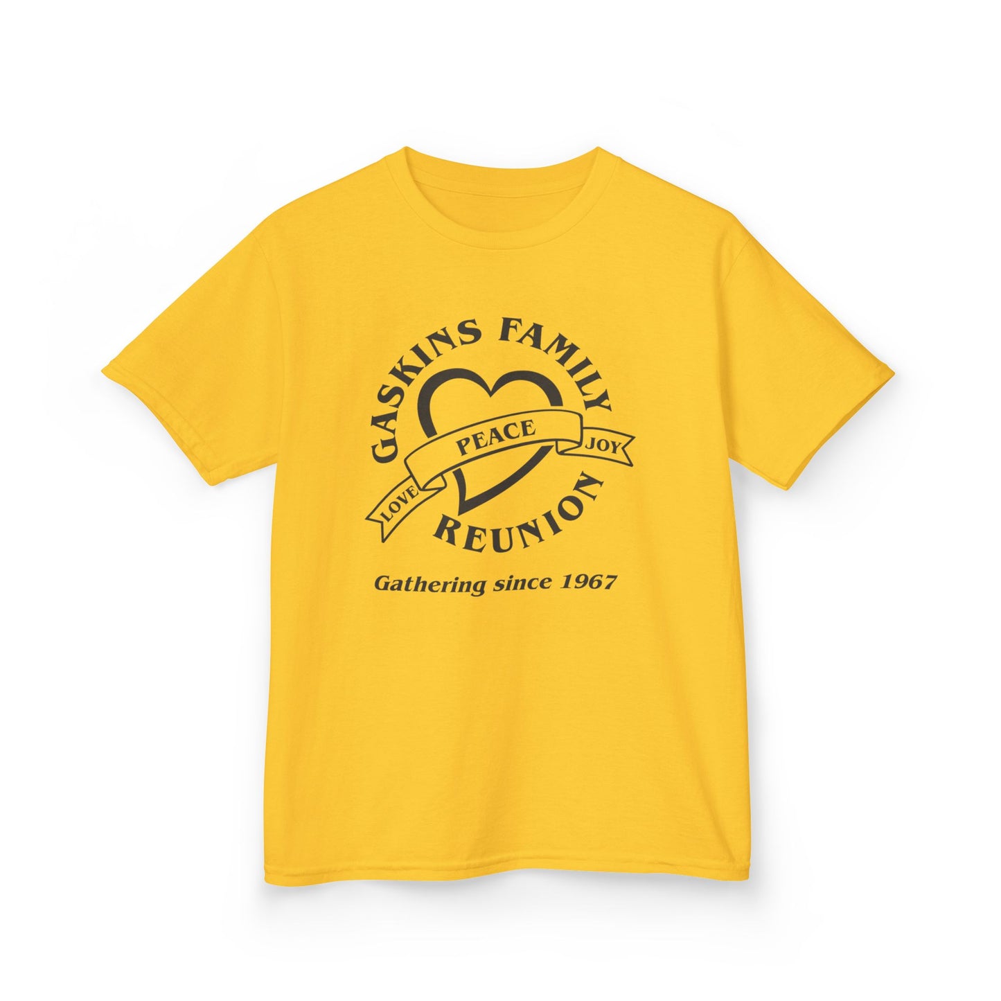Gaskins Family Reunion Kids Tee - Love, Peace, Joy Design -Black logo