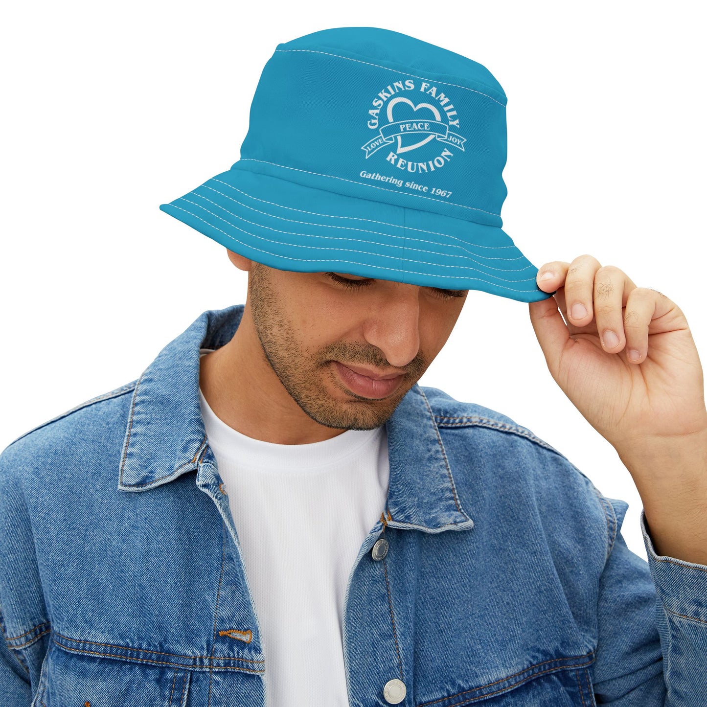 Gaskins Family Turquoise Reunion Bucket Hat - white logo