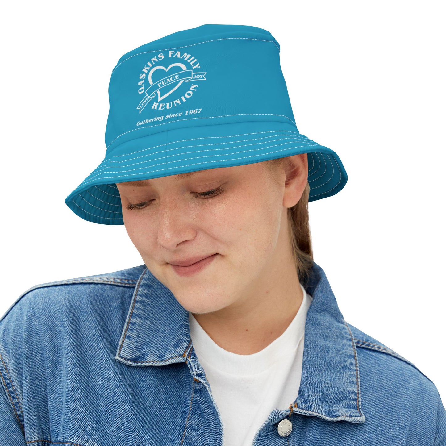 Gaskins Family Turquoise Reunion Bucket Hat - white logo