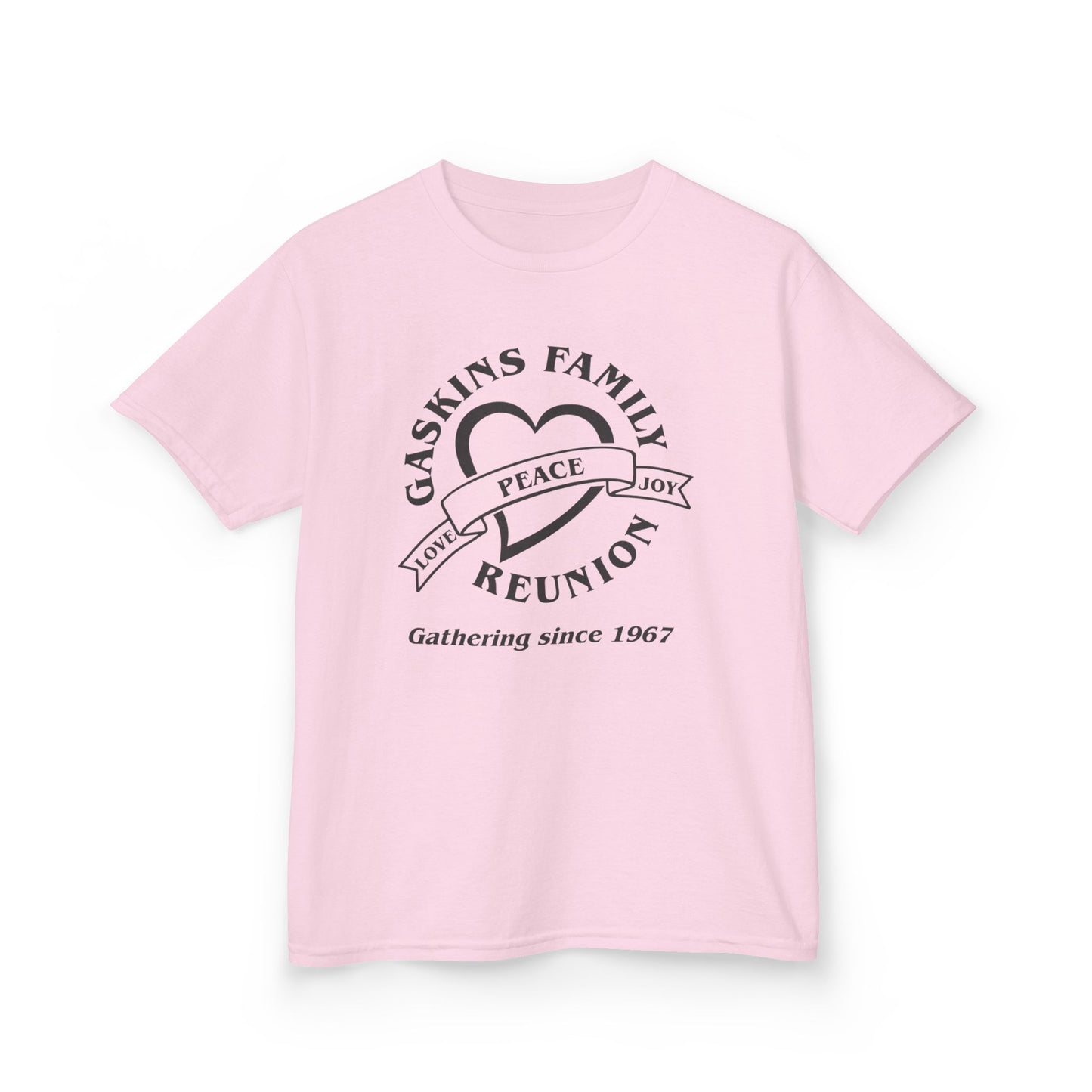Gaskins Family Reunion Kids Tee - Love, Peace, Joy Design -Black logo
