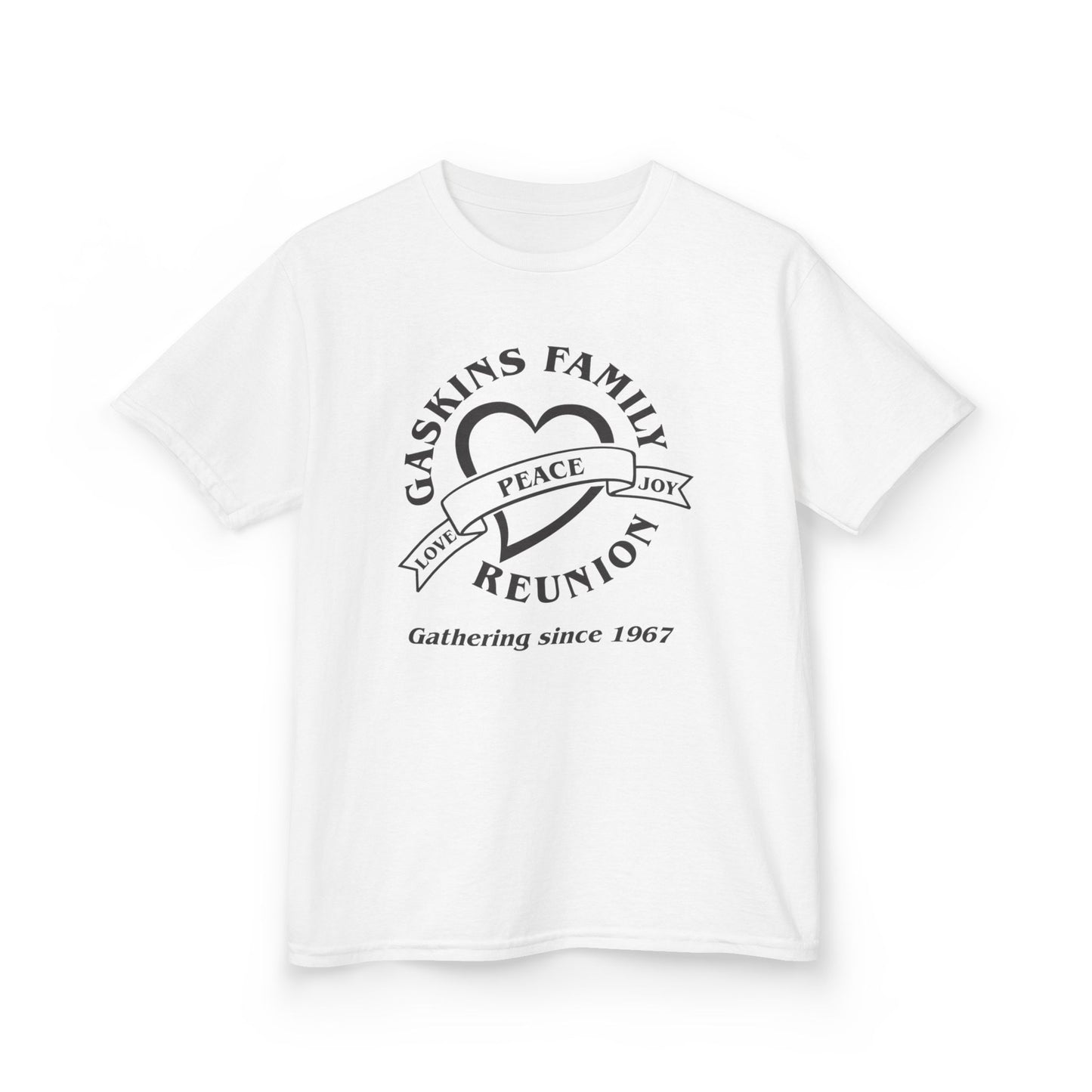 Gaskins Family Reunion Kids Tee - Love, Peace, Joy Design -Black logo