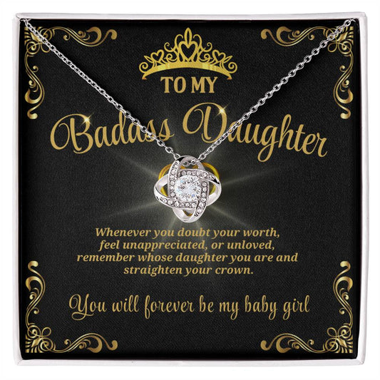 Badass Daughter Love Knot Necklace with Heart Pendant – Empowering Gift for Her