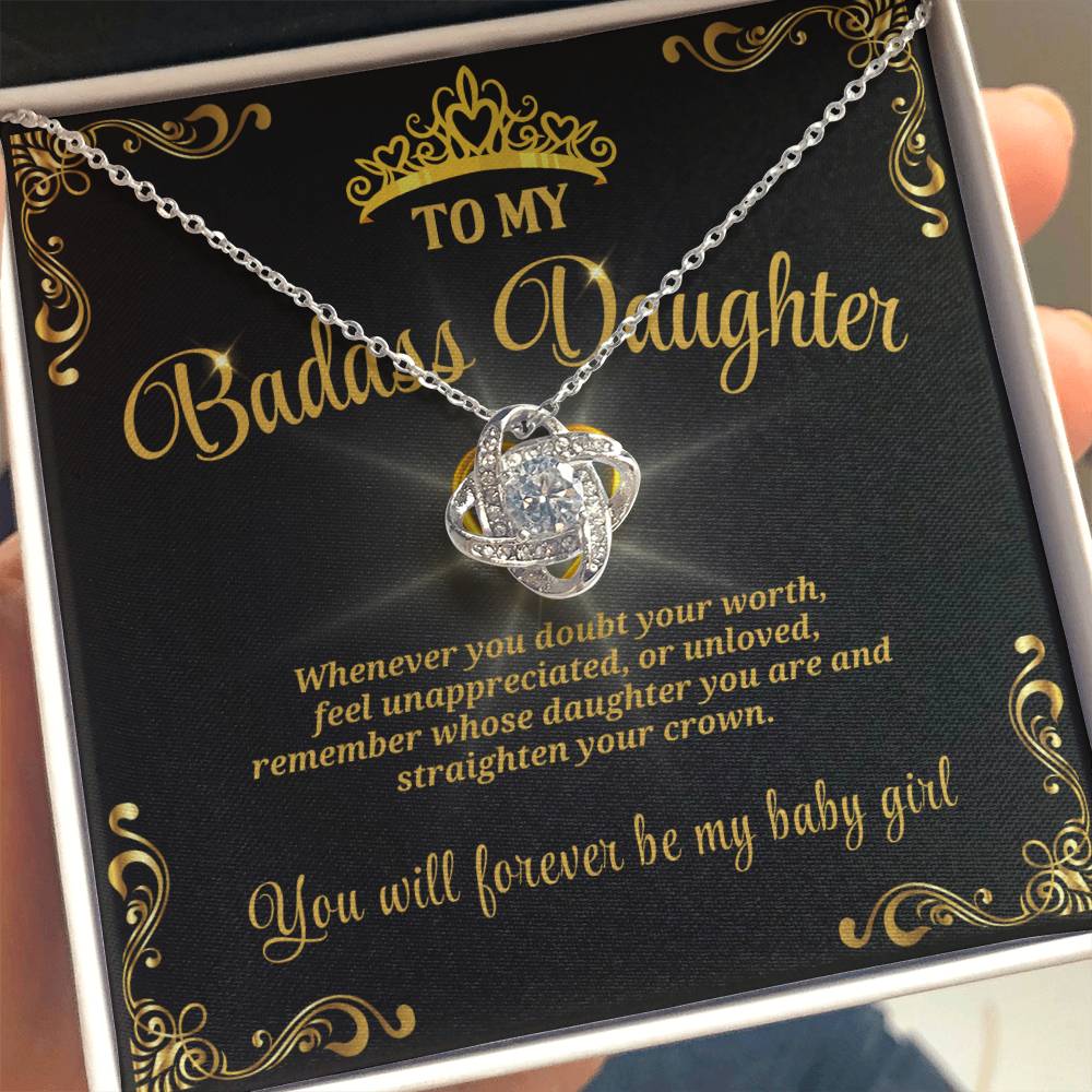 Badass Daughter Love Knot Necklace with Heart Pendant – Empowering Gift for Her