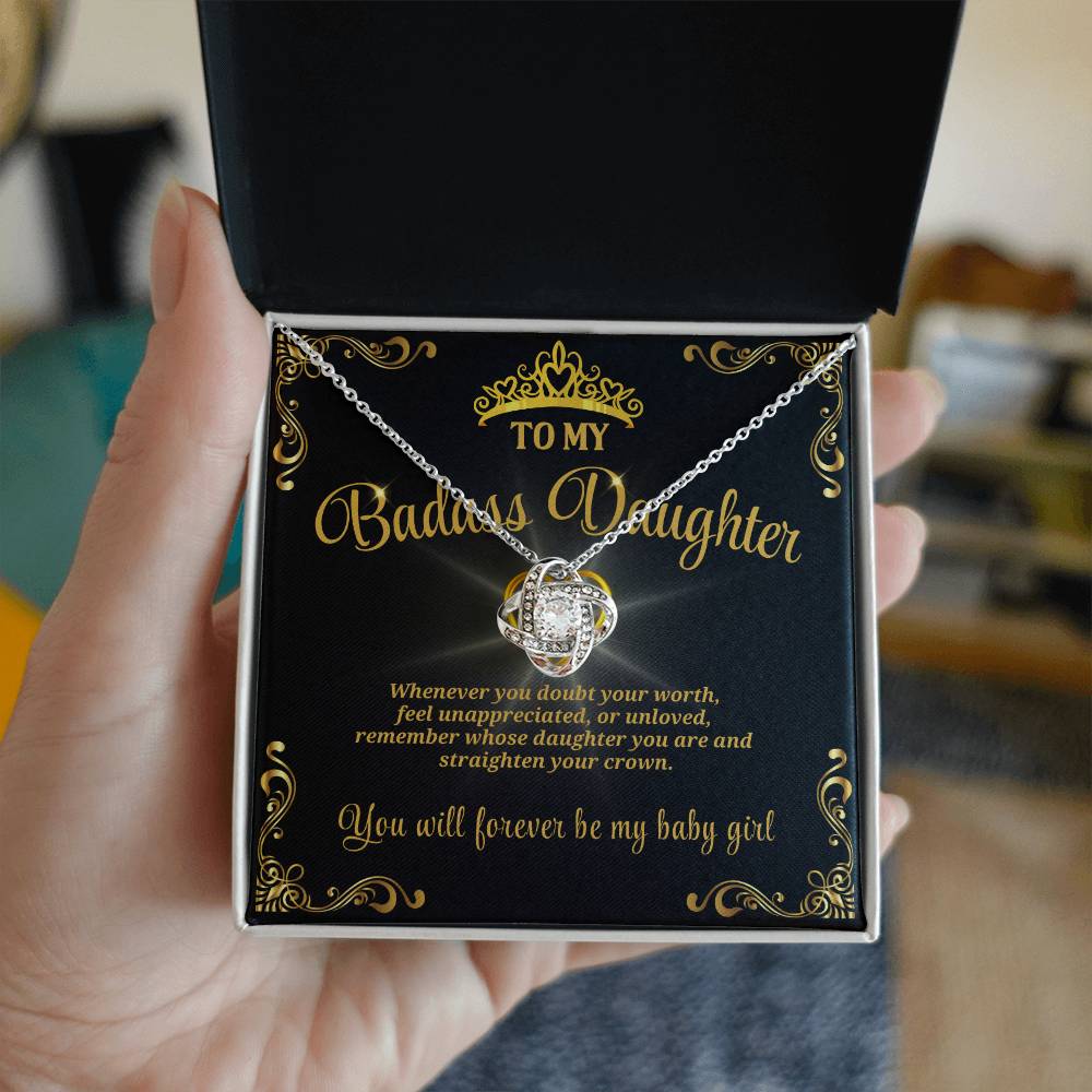 Badass Daughter Love Knot Necklace with Heart Pendant – Empowering Gift for Her