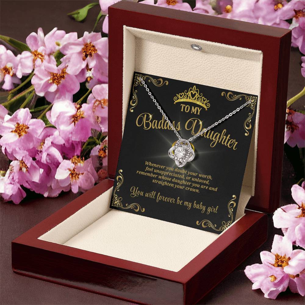 Badass Daughter Love Knot Necklace with Heart Pendant – Empowering Gift for Her