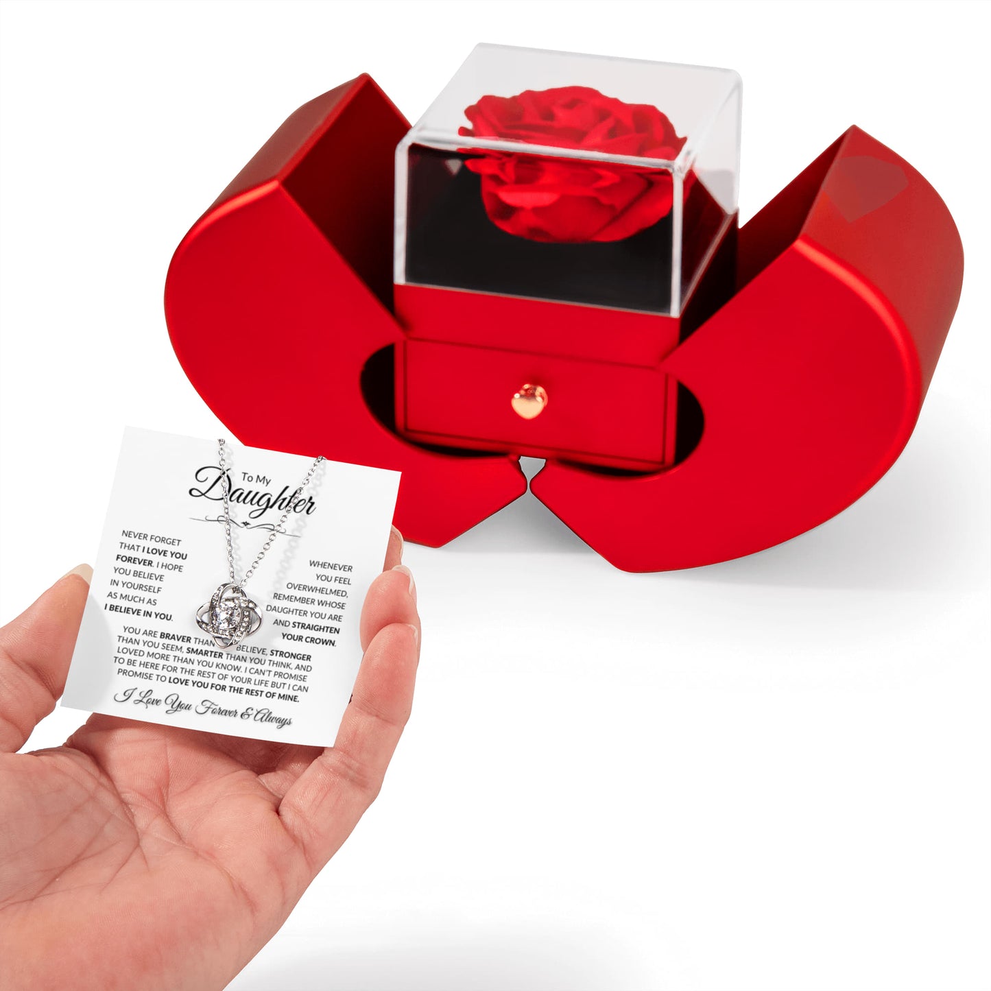 Beautiful Love Knot Necklace paired with an Apple Rose gift box for your Daughter. Birthday, Christmas, Special Occasions!