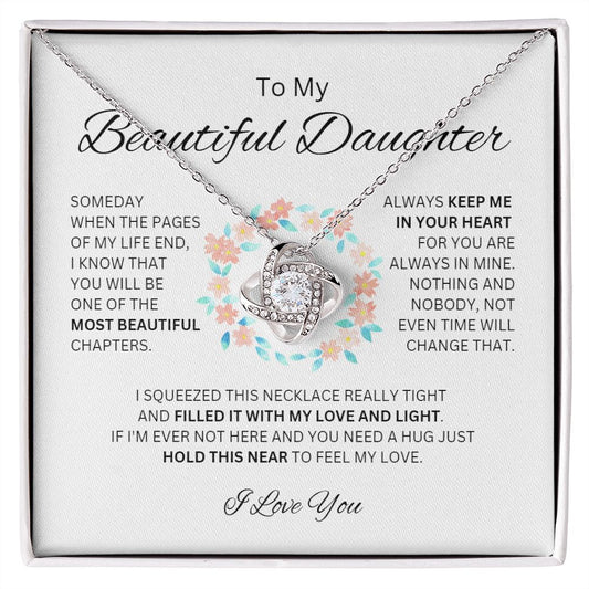 To My Beautiful Daughter Love Knot necklace (White and Yellow Gold variants)