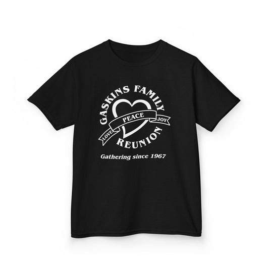 Gaskins Family Reunion Kids Tee - Love, Peace, Joy Design - White logo