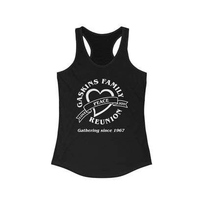 Gaskins Family Reunion Racerback Tank - Celebrating Love, Peace & Joy Since 1967 - White logo