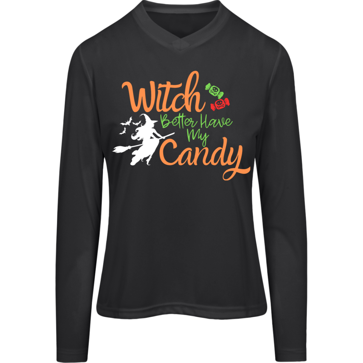 Fun Ladies' Long Sleeve Halloween Tee - Witch Better Have My Candy - BLACK