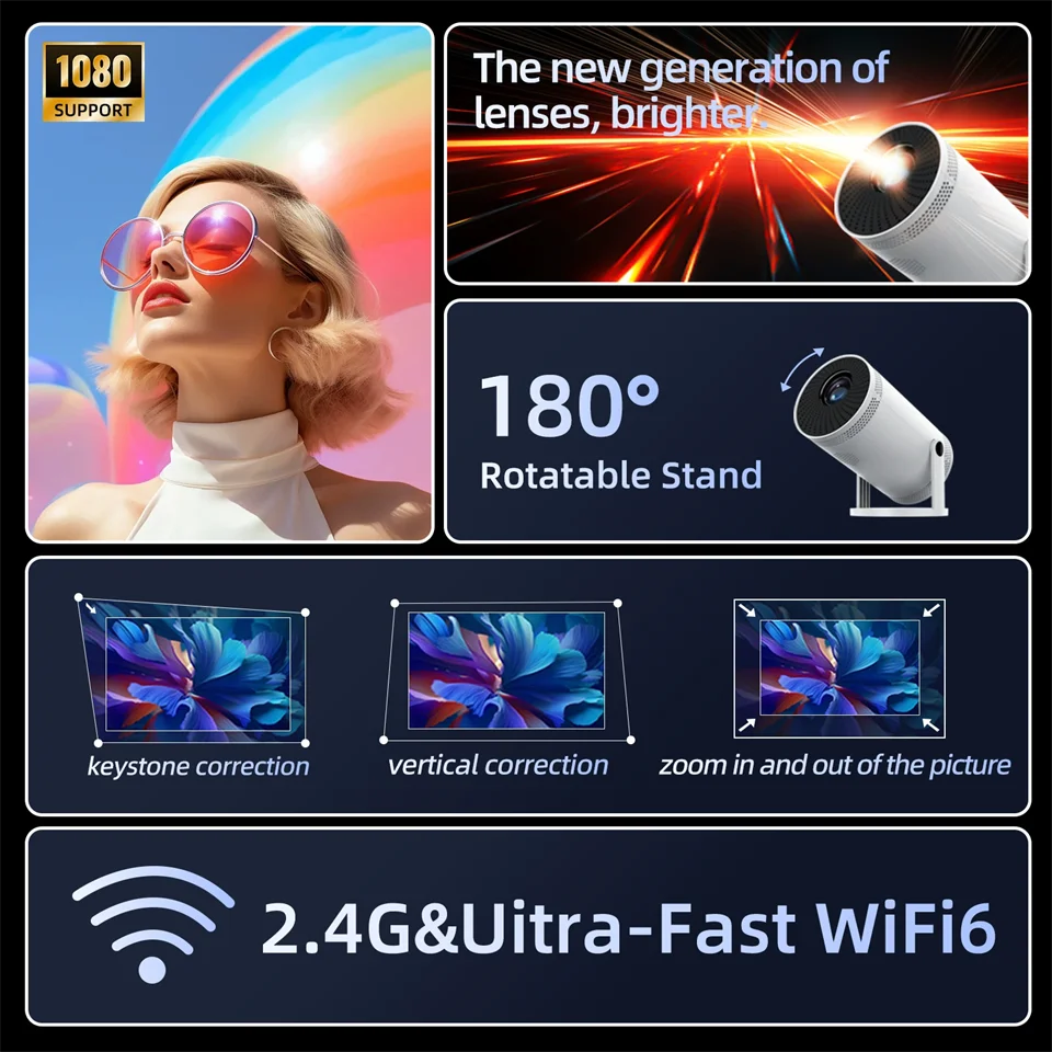 Mini Portable Projector - 260 ANSI | 1080P &amp; 4K Supported | 5G WiFi | Bluetooth | 180° Rotation | Home &amp; Outdoor Cinema
