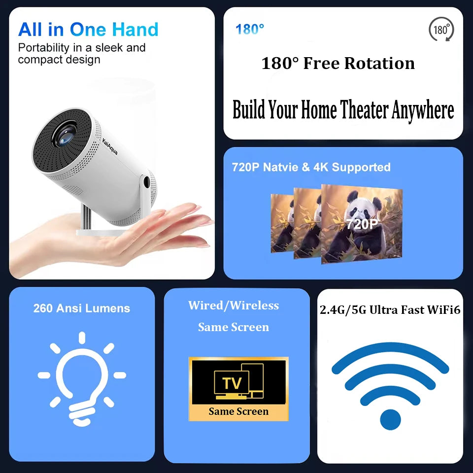 Mini Portable Projector - 260 ANSI | 1080P &amp; 4K Supported | 5G WiFi | Bluetooth | 180° Rotation | Home &amp; Outdoor Cinema