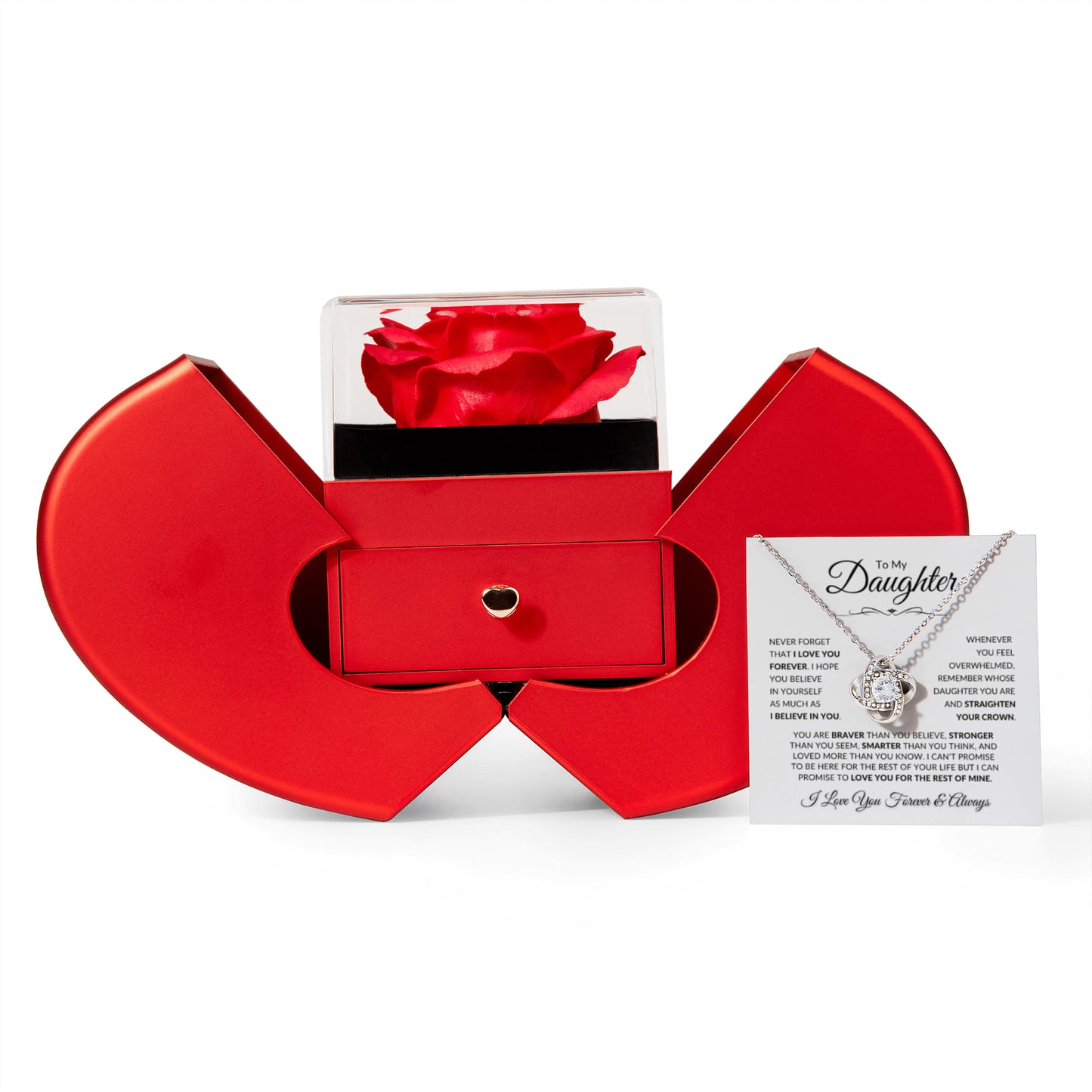 Beautiful Love Knot Necklace paired with an Apple Rose gift box for your Daughter. Birthday, Christmas, Special Occasions!