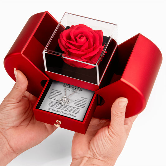 Beautiful Love Knot Necklace paired with an Apple Rose gift box for your Daughter. Birthday, Christmas, Special Occasions!