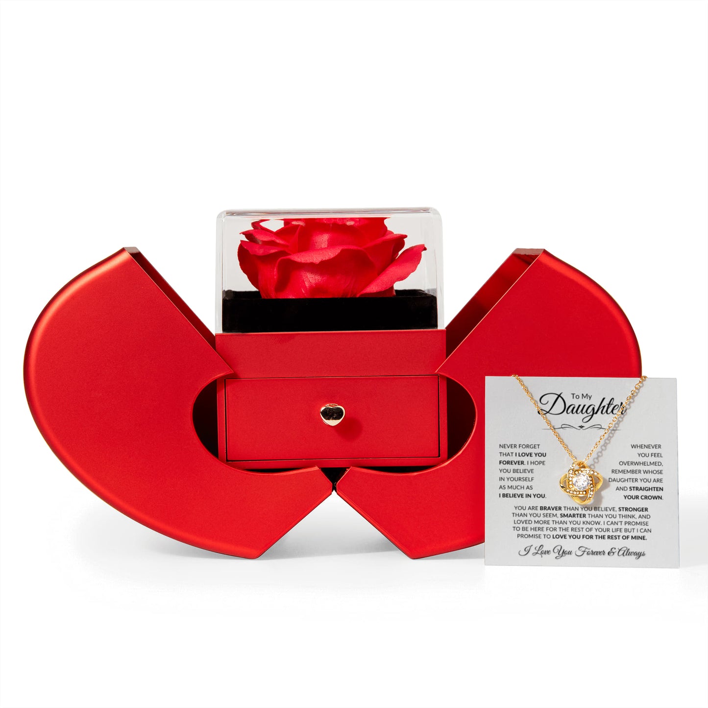 Beautiful Love Knot Necklace paired with an Apple Rose gift box for your Daughter. Birthday, Christmas, Special Occasions!