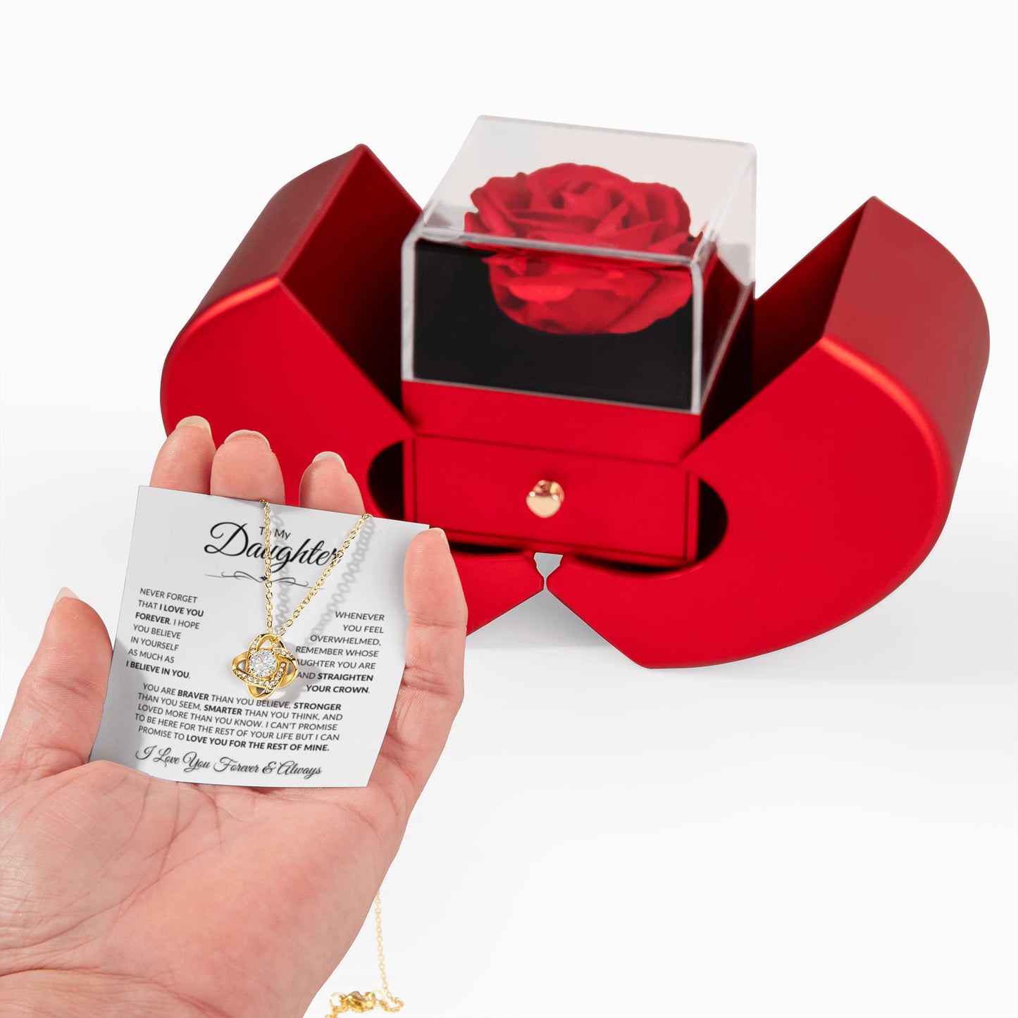 Beautiful Love Knot Necklace paired with an Apple Rose gift box for your Daughter. Birthday, Christmas, Special Occasions!
