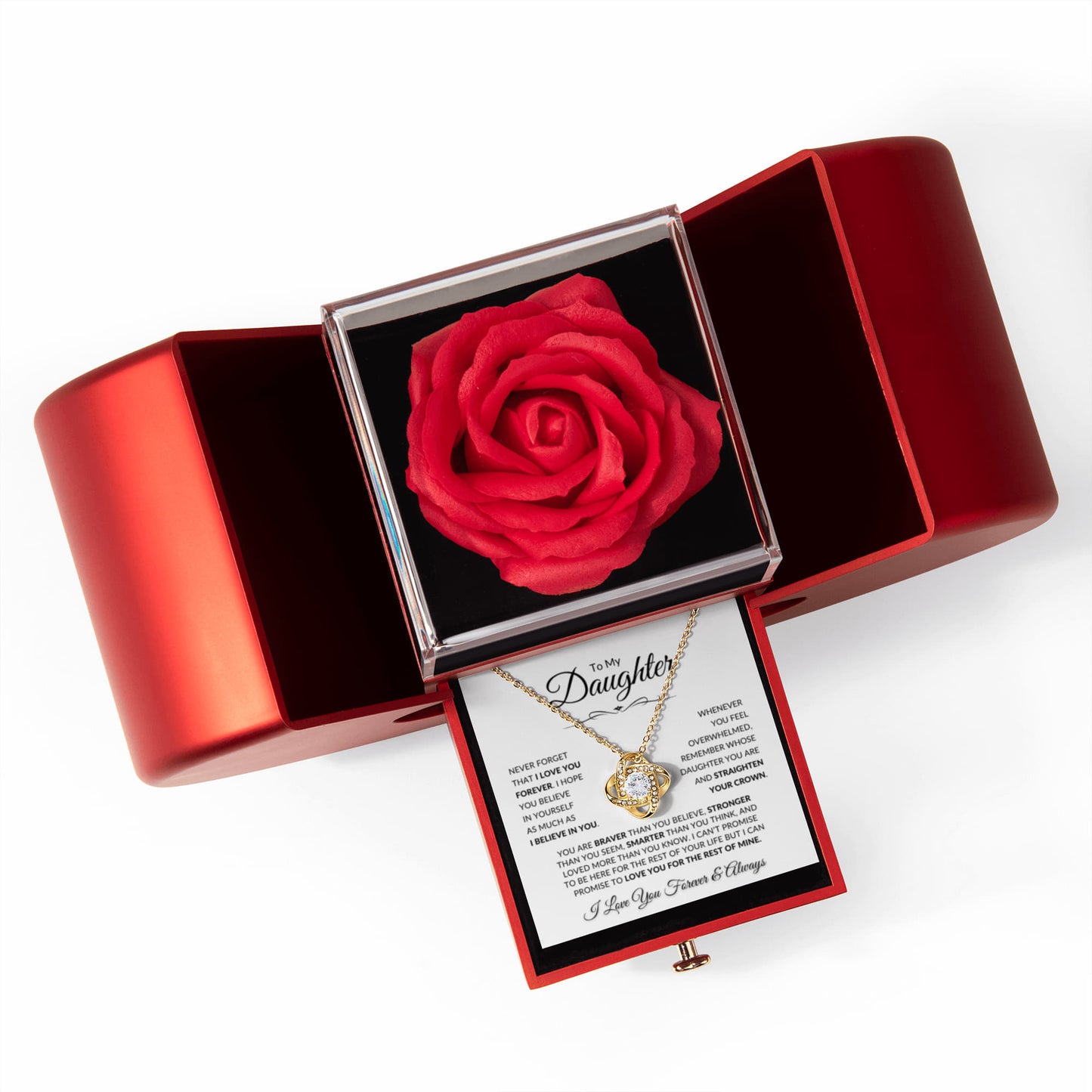 Beautiful Love Knot Necklace paired with an Apple Rose gift box for your Daughter. Birthday, Christmas, Special Occasions!